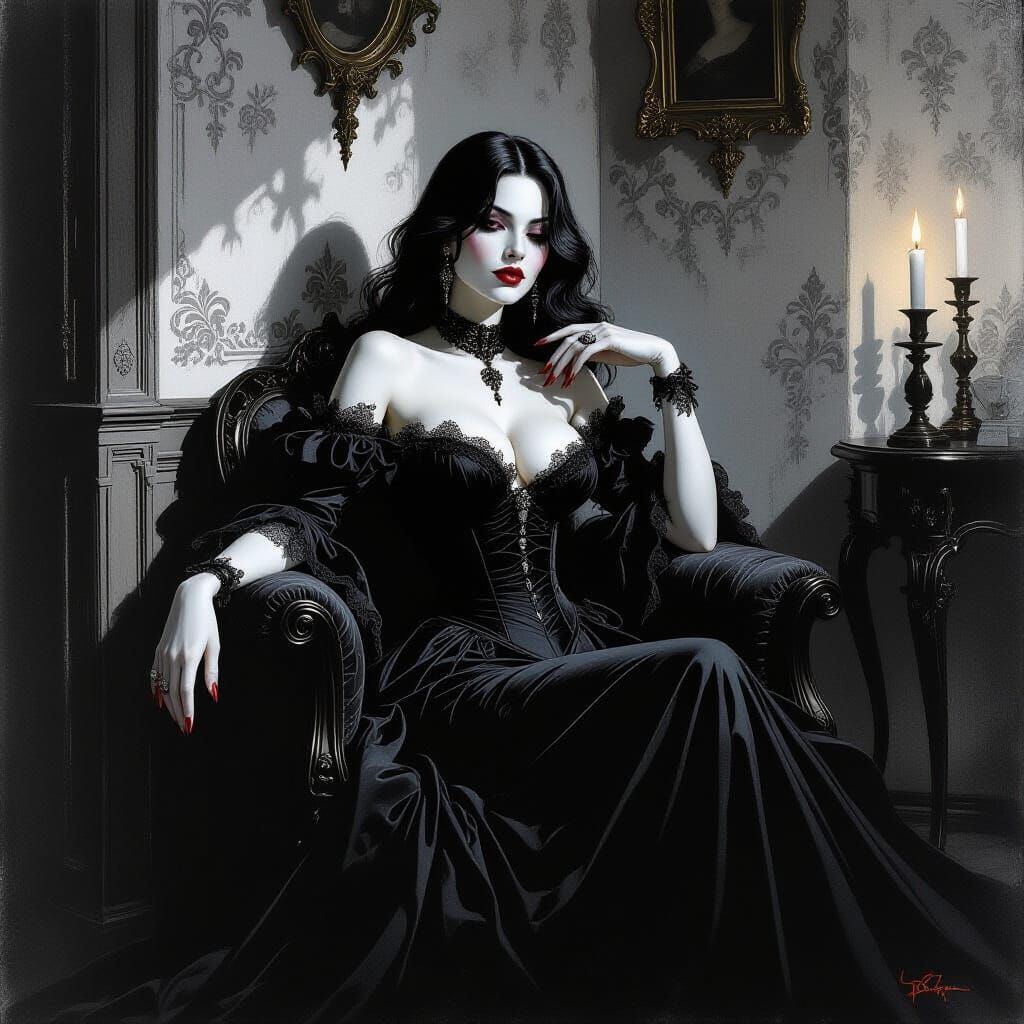 Gothic Woman in Victorian Parlor, Dripping Ink Painting
