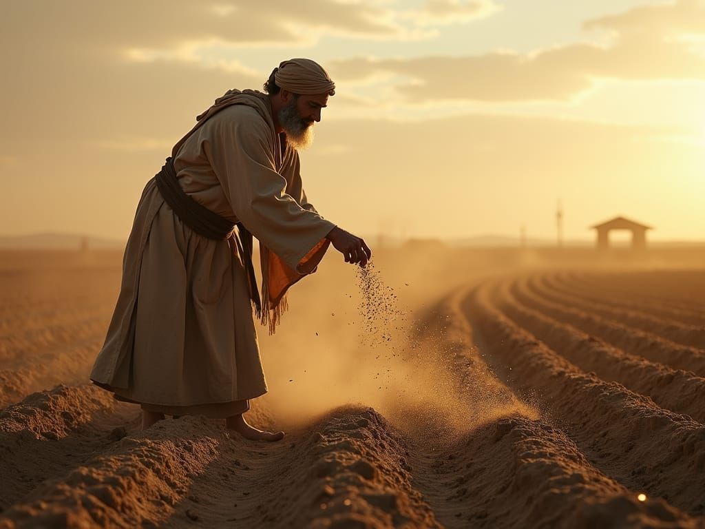 Biblical Scene: Sowing Seeds in Ancient Field