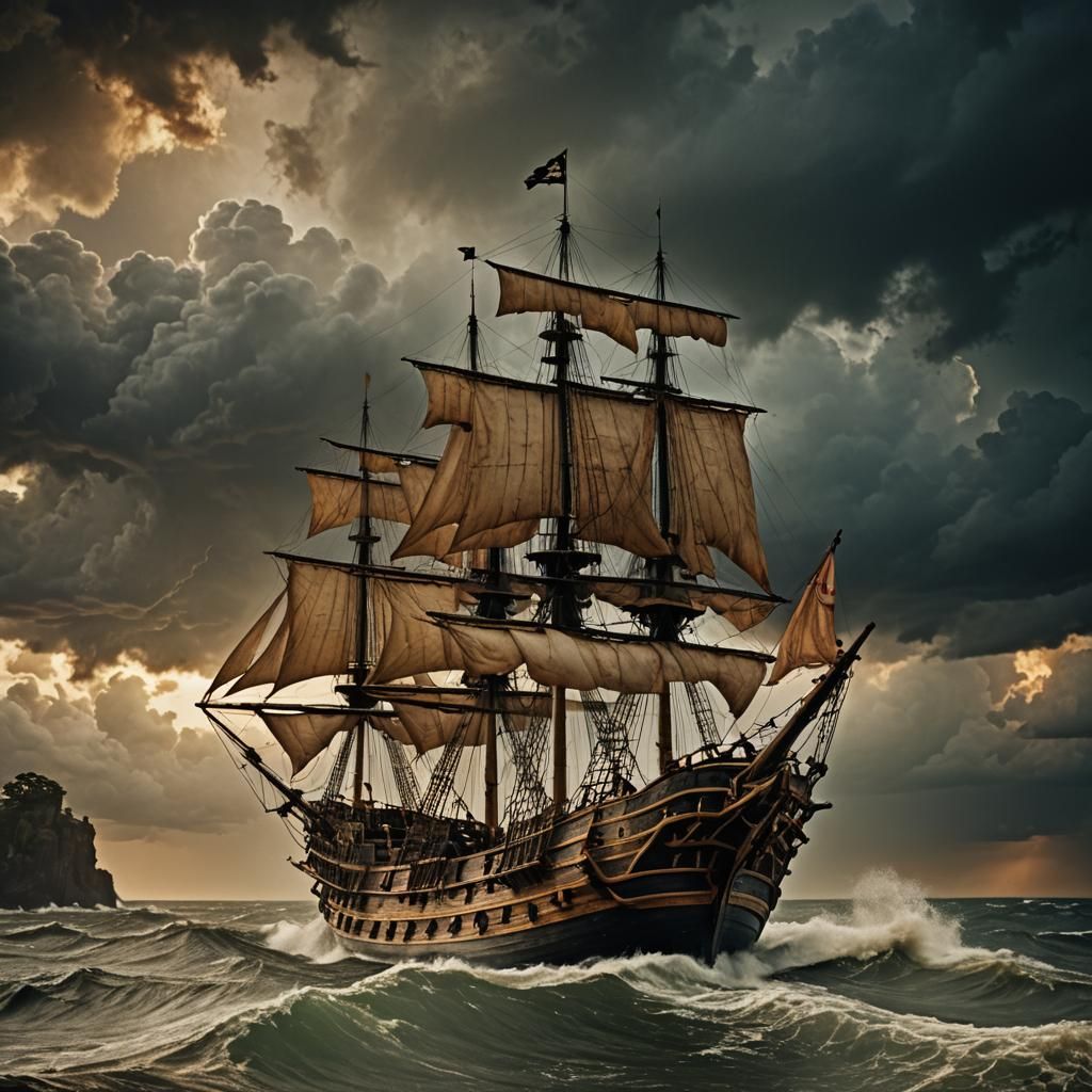 Pirate Ship Soaring Through Stormy Skies