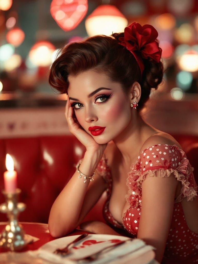 Pin-Up Girl in Red Dress Sits in Retro Diner
