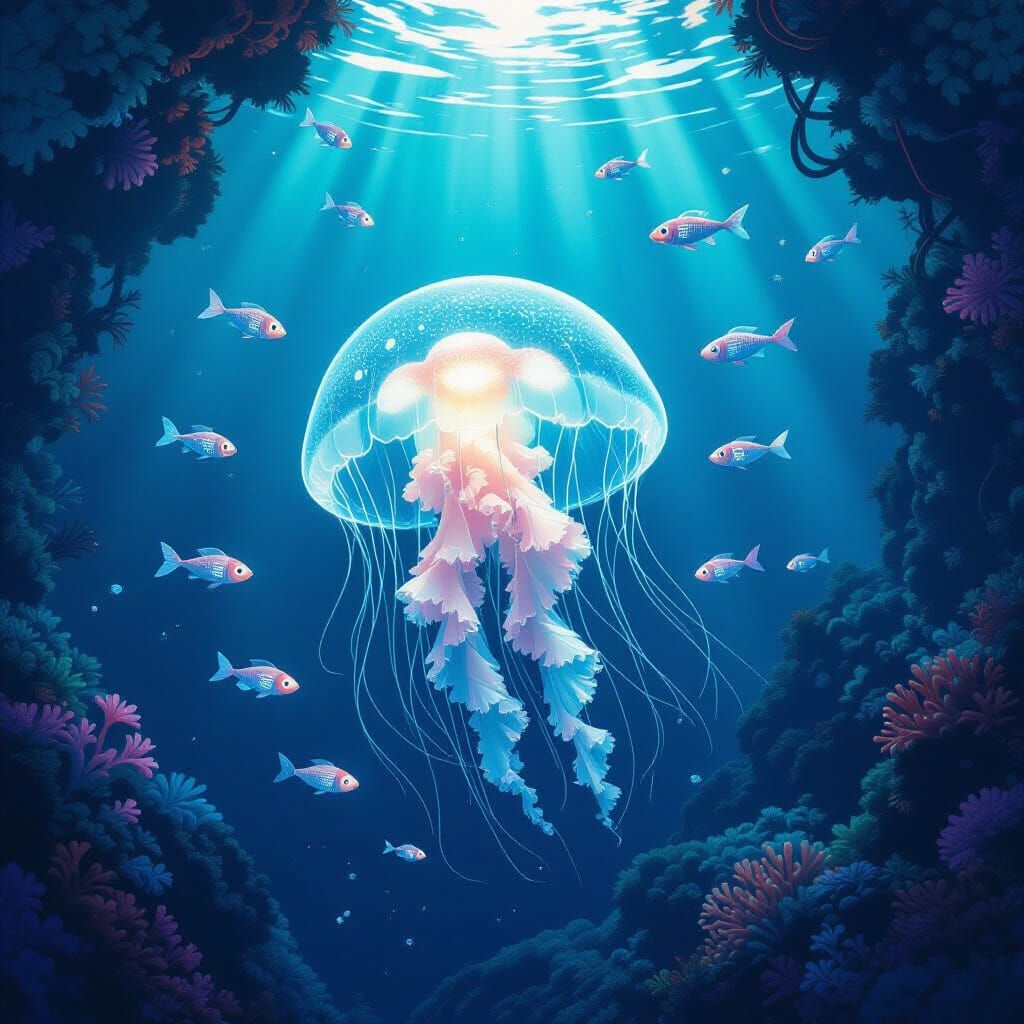 Ethereal Jellyfish in Deep Sea Trench, Ukiyo-e Surrealism