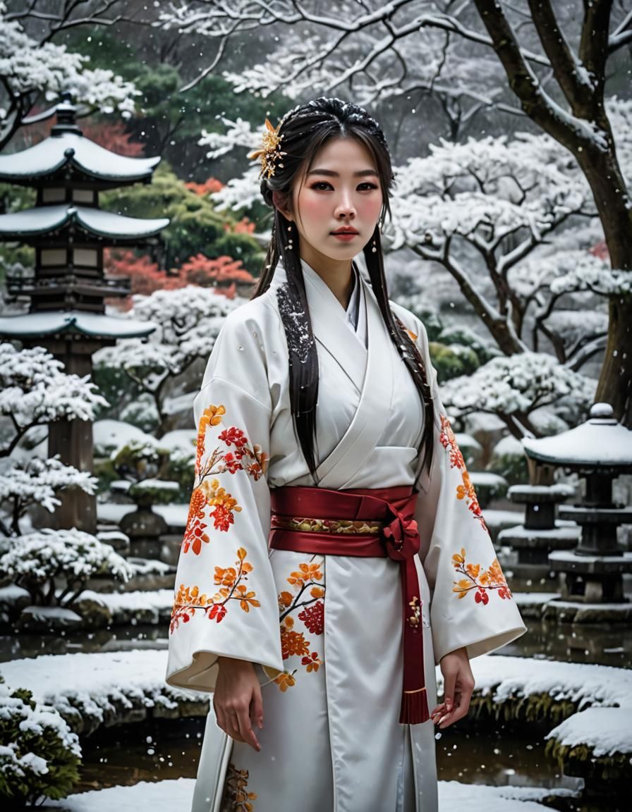 Japanese Girl in Snowy Garden, Hyperrealistic Style