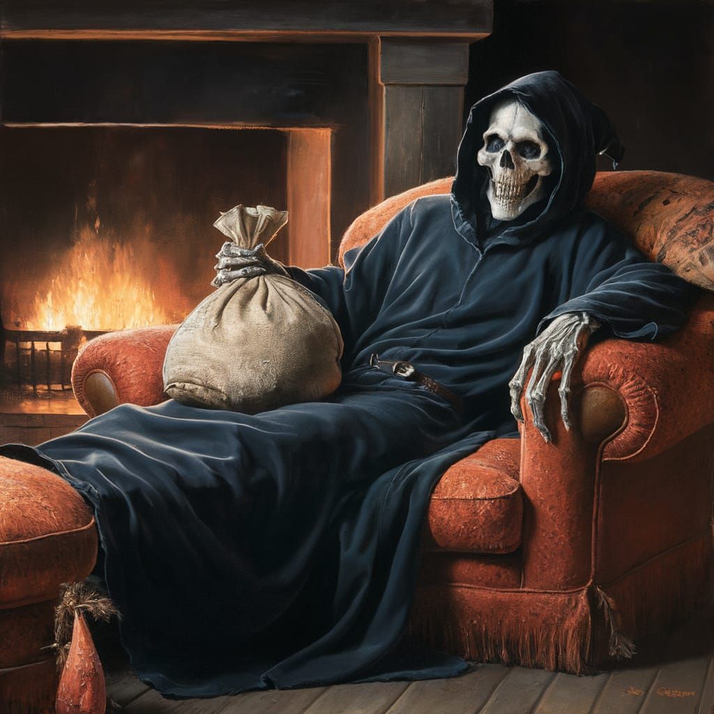 Grim Reaper Lounging with Cash, Oil Painting