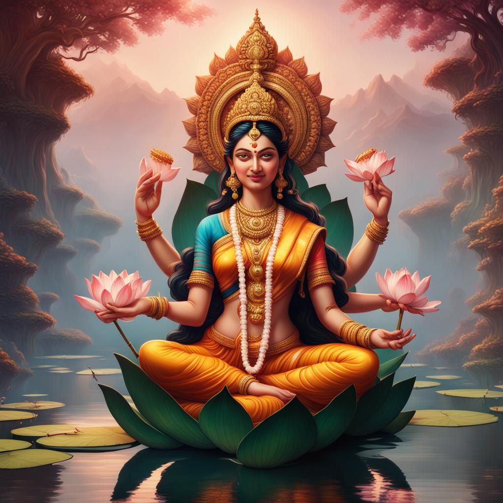Lakshmi and Narayan on Lotus Flower: Fantasy Art