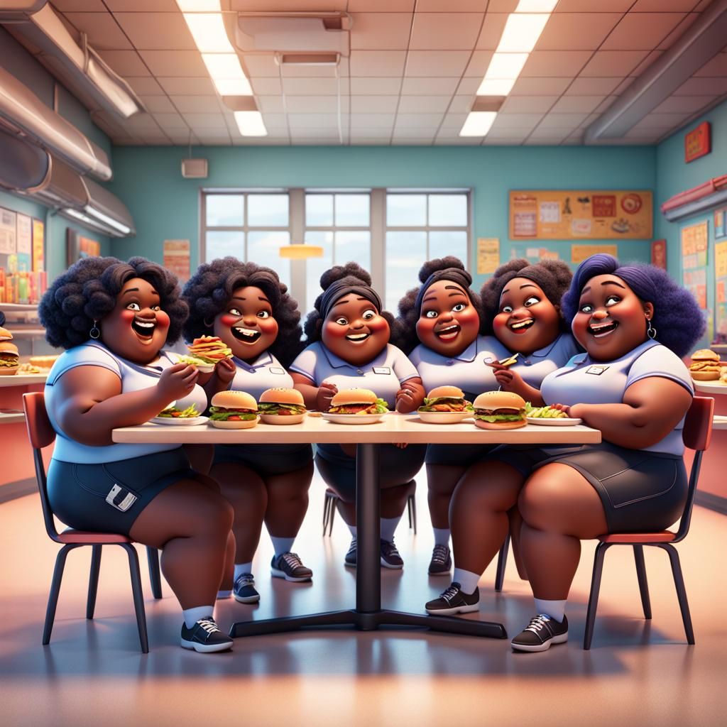 Cheerful Schoolgirls in Canteen: 3D Digital Art