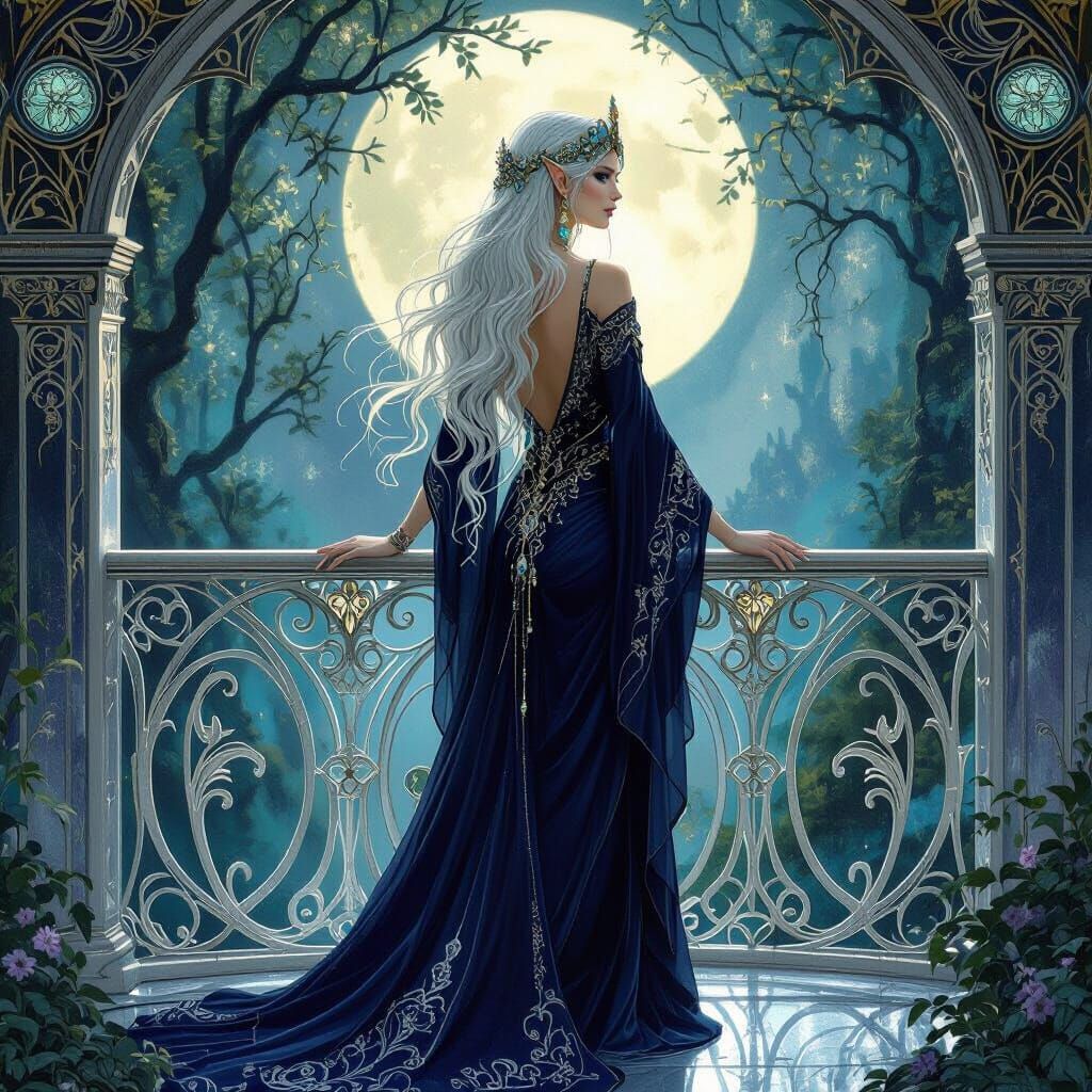 Elven Queen on Crystalline Balcony in Art Nouveau Style