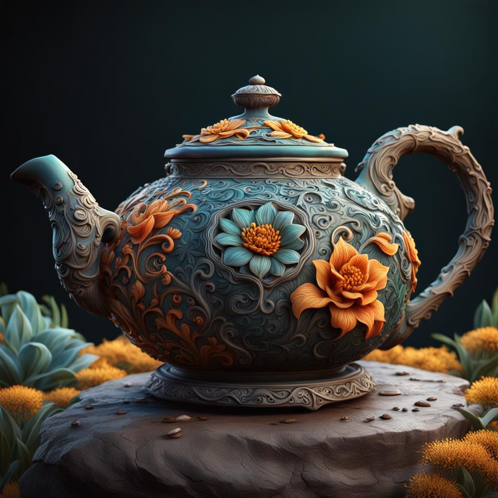 Intricate Colorful Clay Teapot: Detailed Digital Art