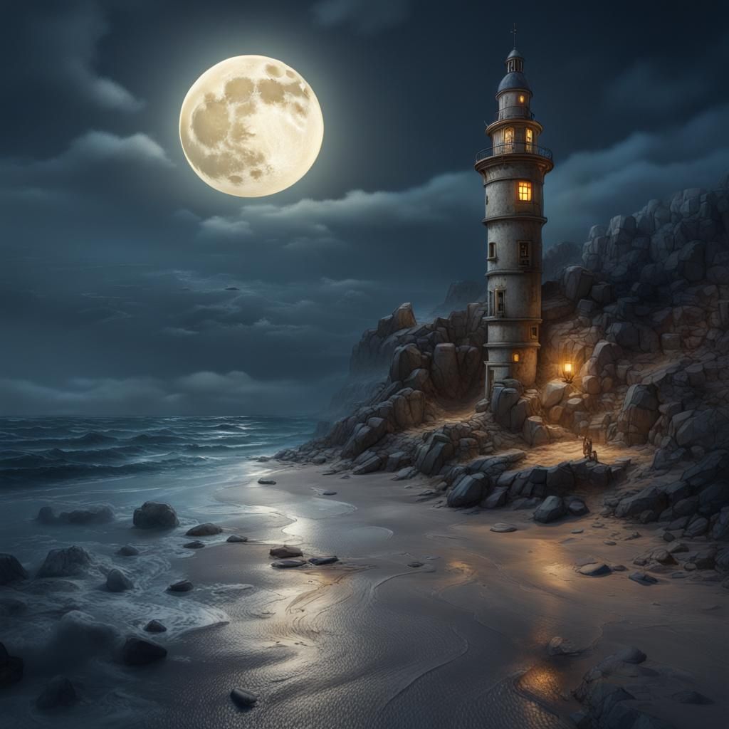 Moonlit Lighthouse on Beach Watercolor Painting