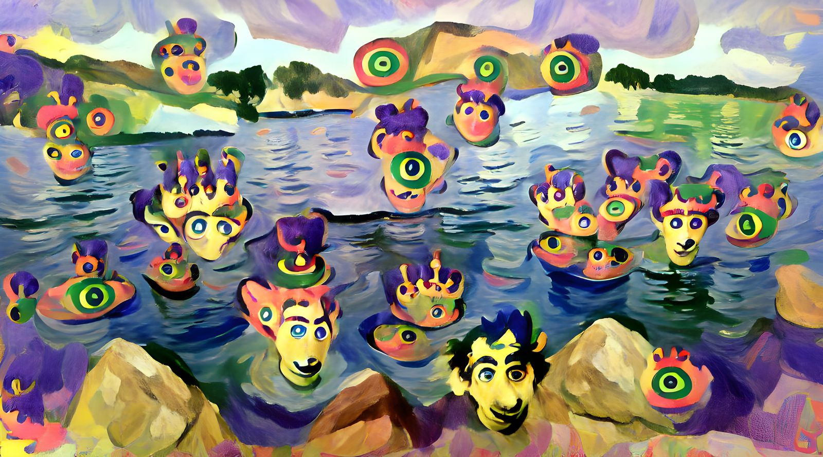 Twelve Crowned Eyeballs Floating on a Lake