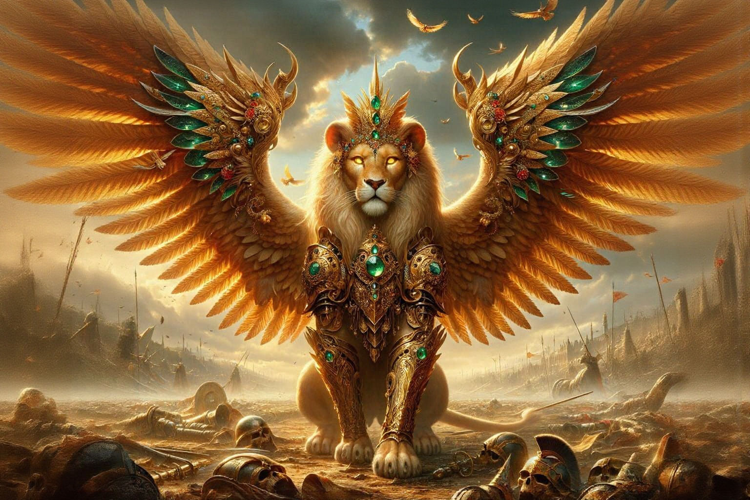 Armored Winged Lioness on Battlefield, Fantasy Art