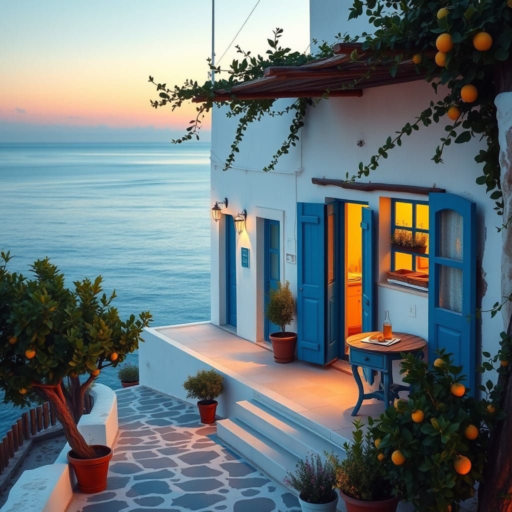 Peaceful Greek Taverna at Sunset