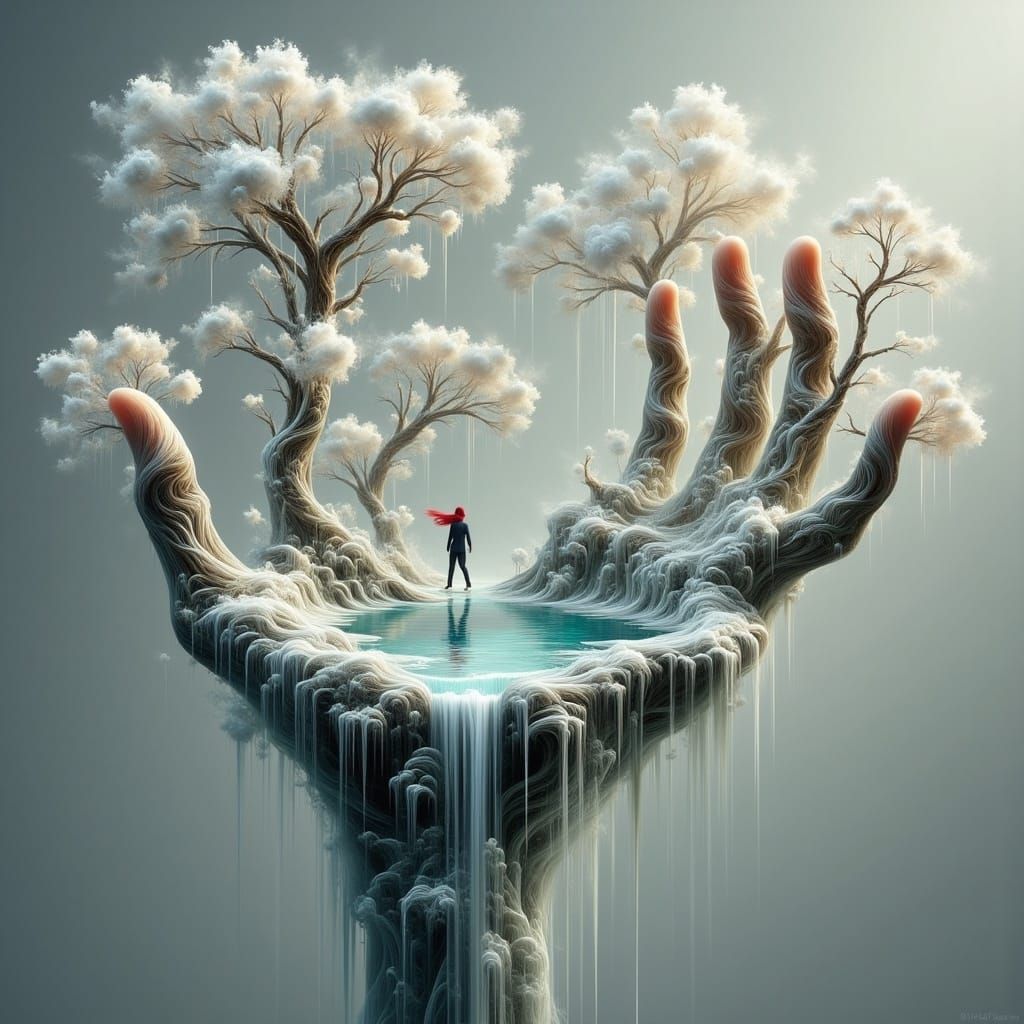 Surreal Dreamscape with Ethereal Hand and Winter Garden