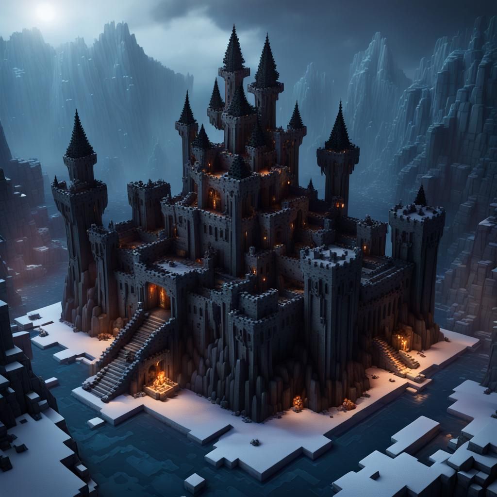 Ethereal Black Ice Castle in a Dark Fantasy Realm