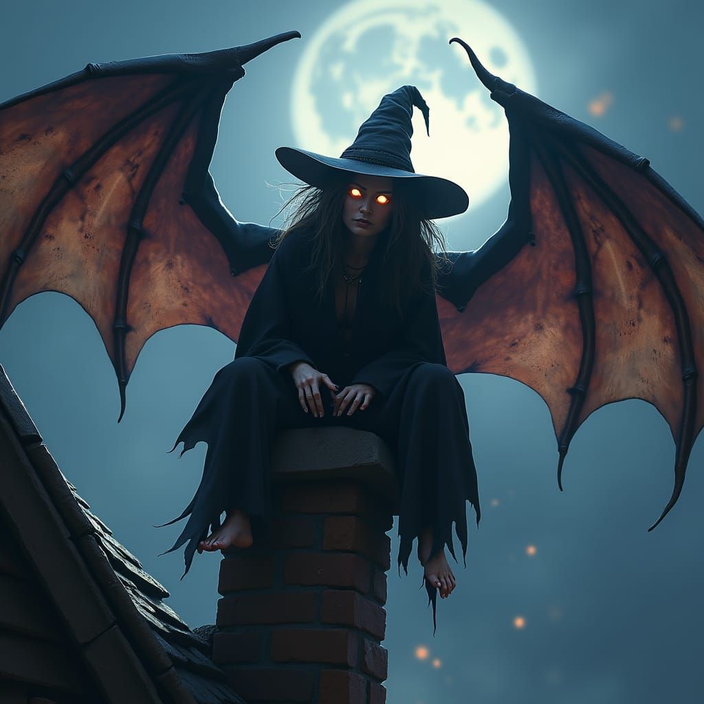 Witch on Bat Wings Flying Around Chimney