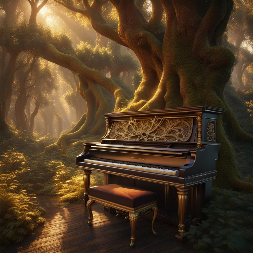 Hyperrealistic Piano Forest at Golden Hour