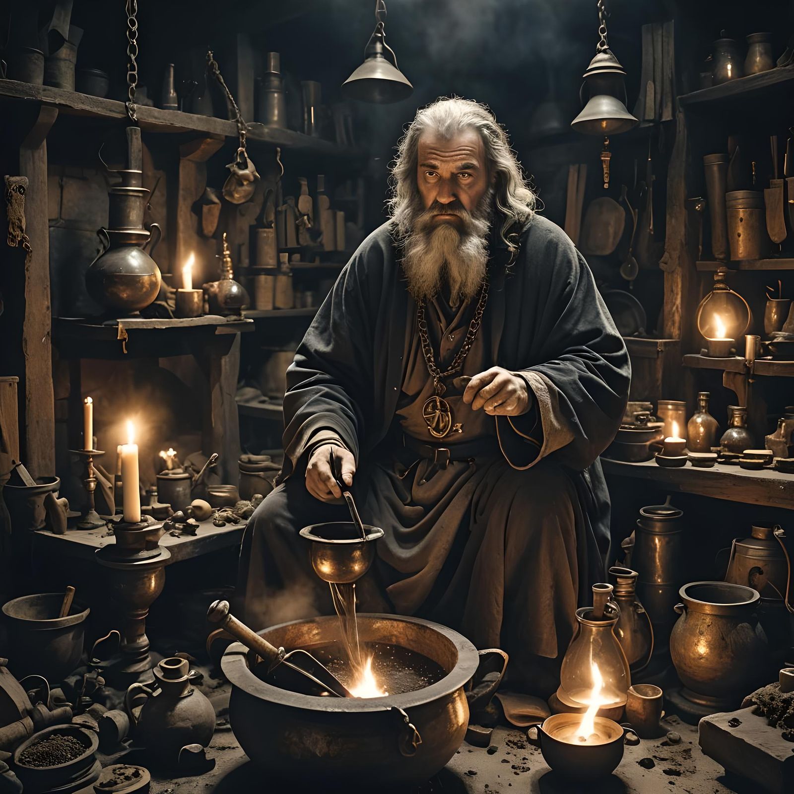 Medieval Alchemist in Chiaroscuro Lighting
