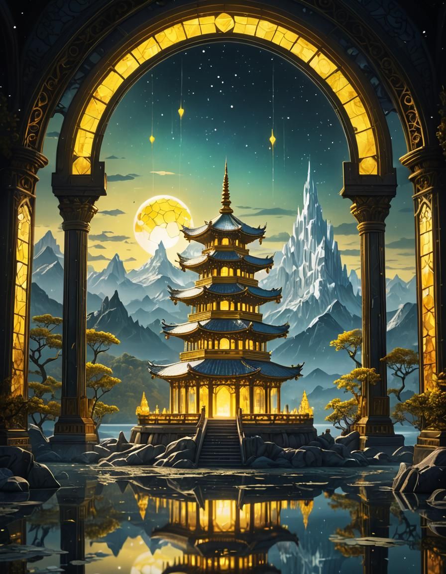 Stained Glass Crystal Pagoda on Mystical Lake