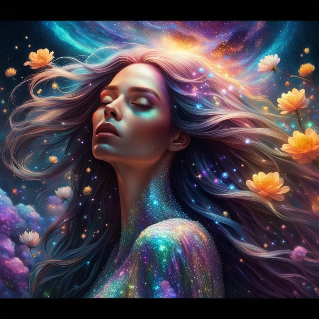 Iridescent Woman Surrounded by Flowers in Space