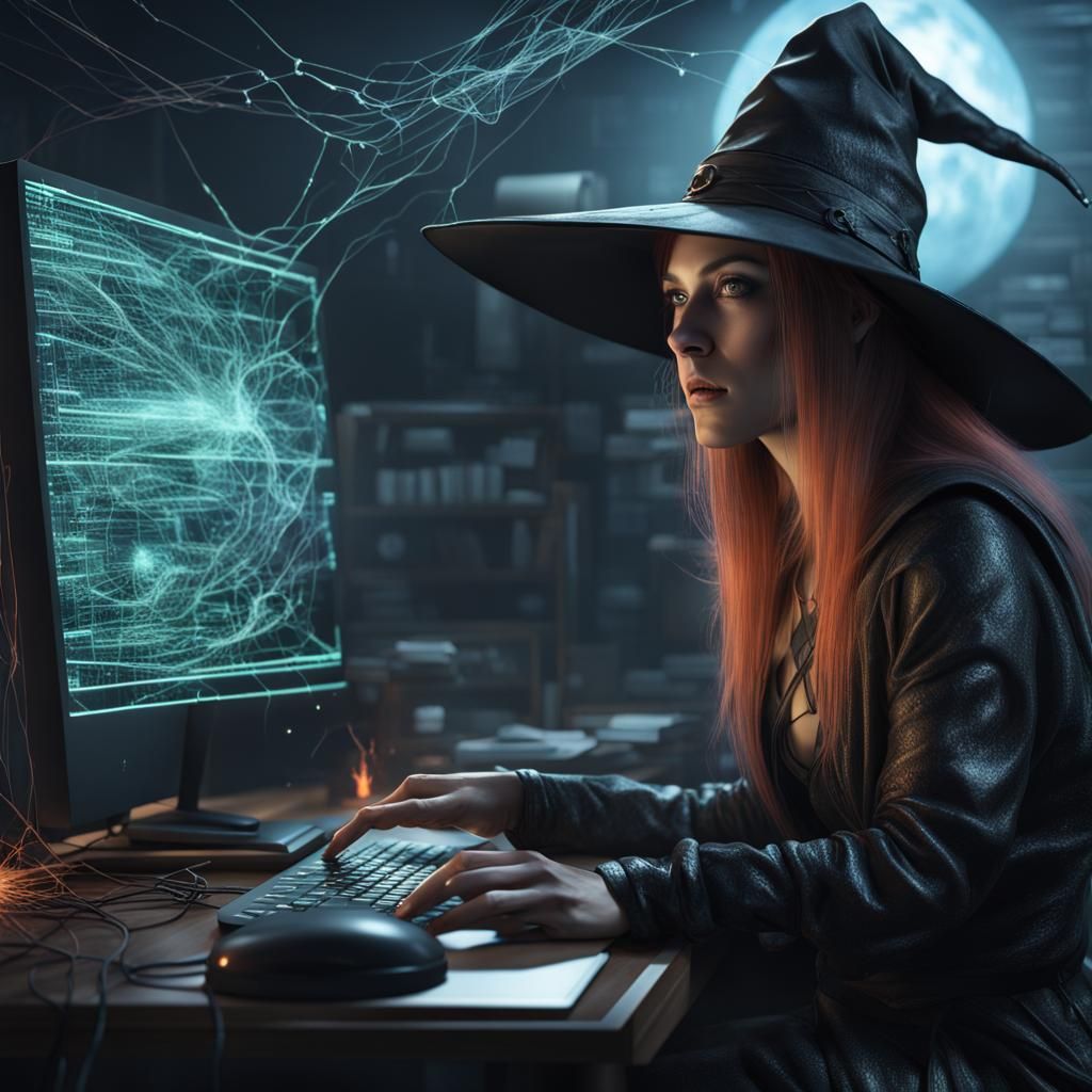 Sci-Fi Witch Hacking a Computer Network