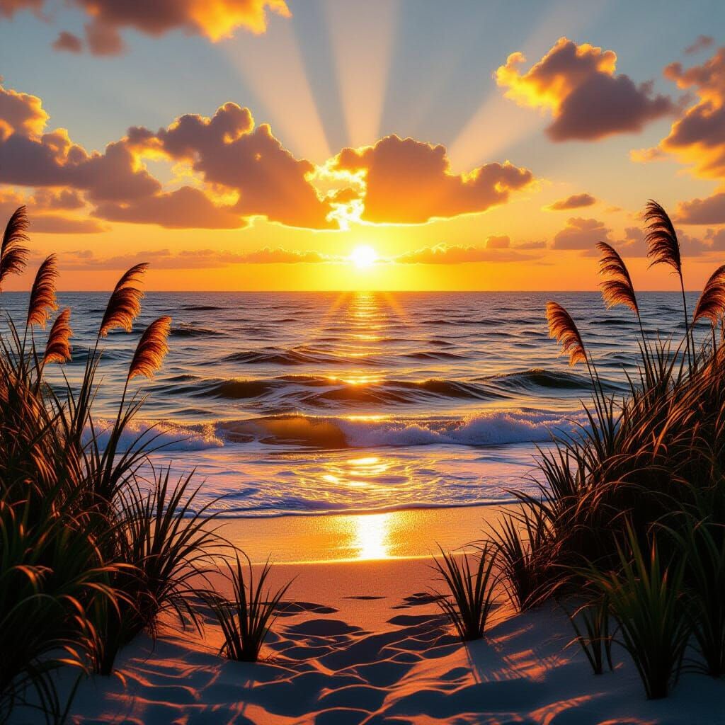 Golden Hour Ocean View with Sunlit Reeds