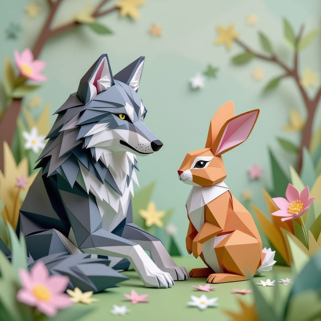 Wolf and Rabbit in Harmony with Origami Papercraft