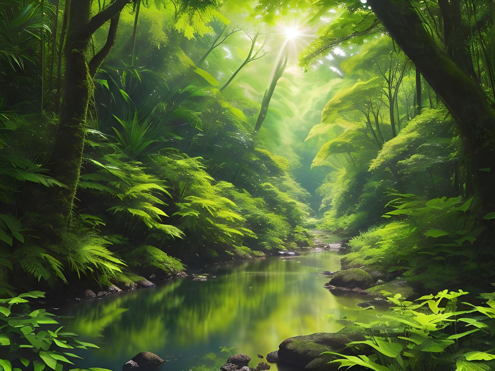 Lush Rainforest Stream in Sunlight