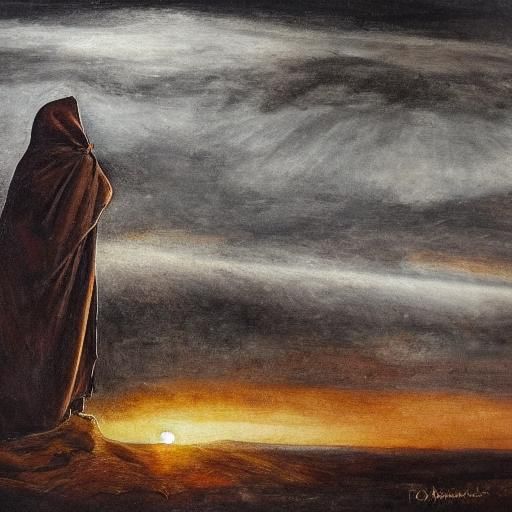 Expressionist Dark Figure in Crimson Landscape