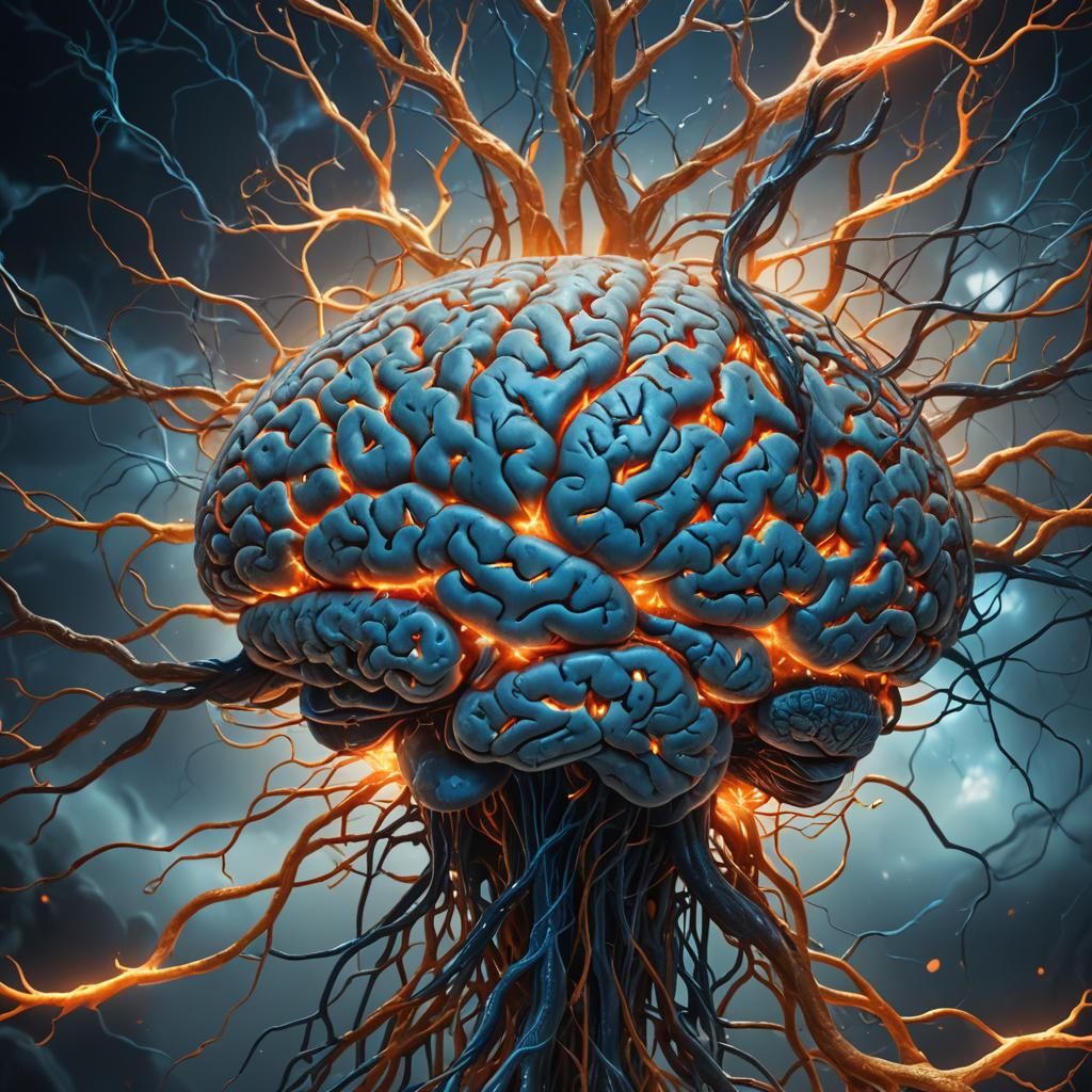 Human Brain with Glowing Neurons in Fantasy Style