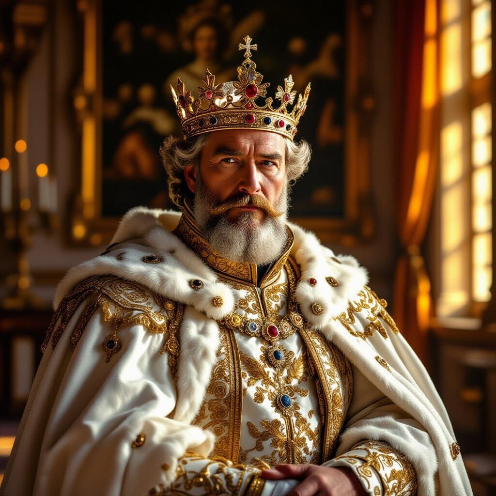Regal King in Sunlit Hall, Realistic Portrait