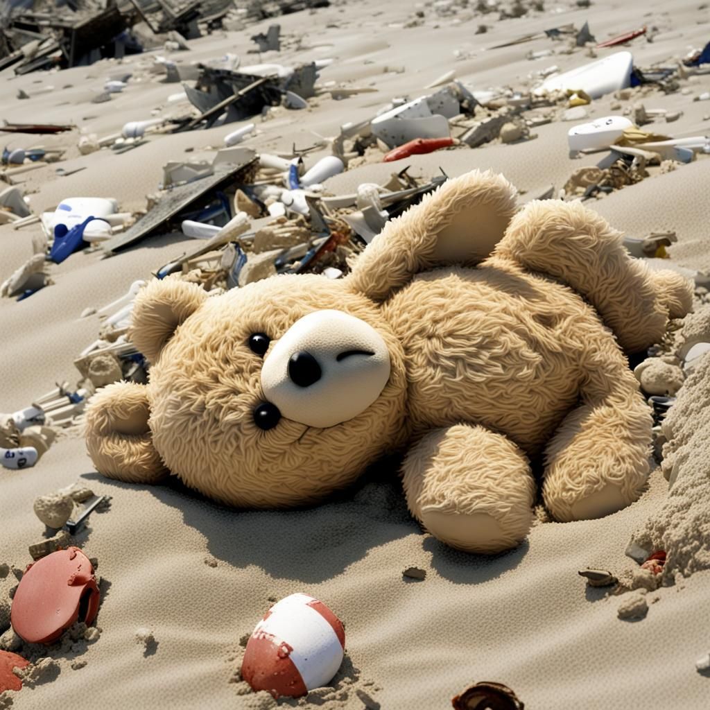 Teddy Bear in Sand After Tsunami: Photorealistic Image