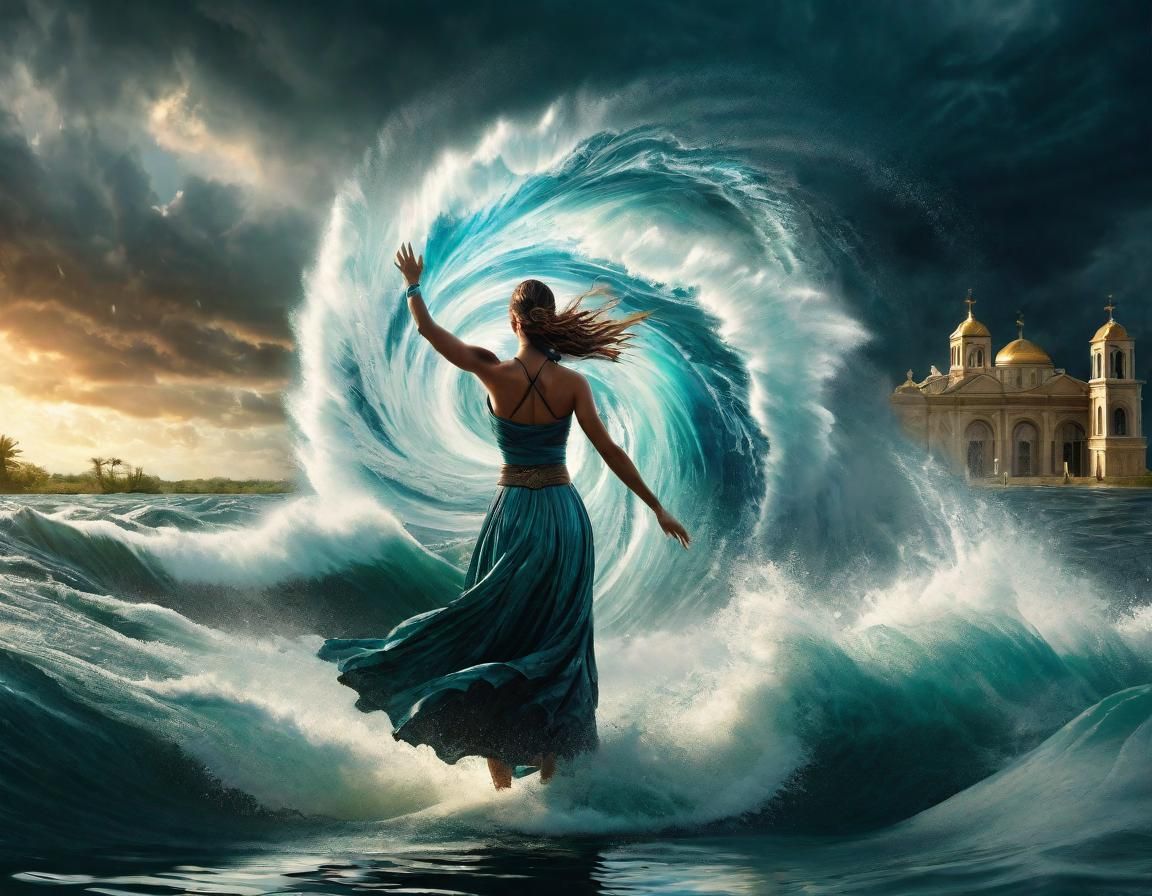 Fantasy Woman Wielding Storm in Lake