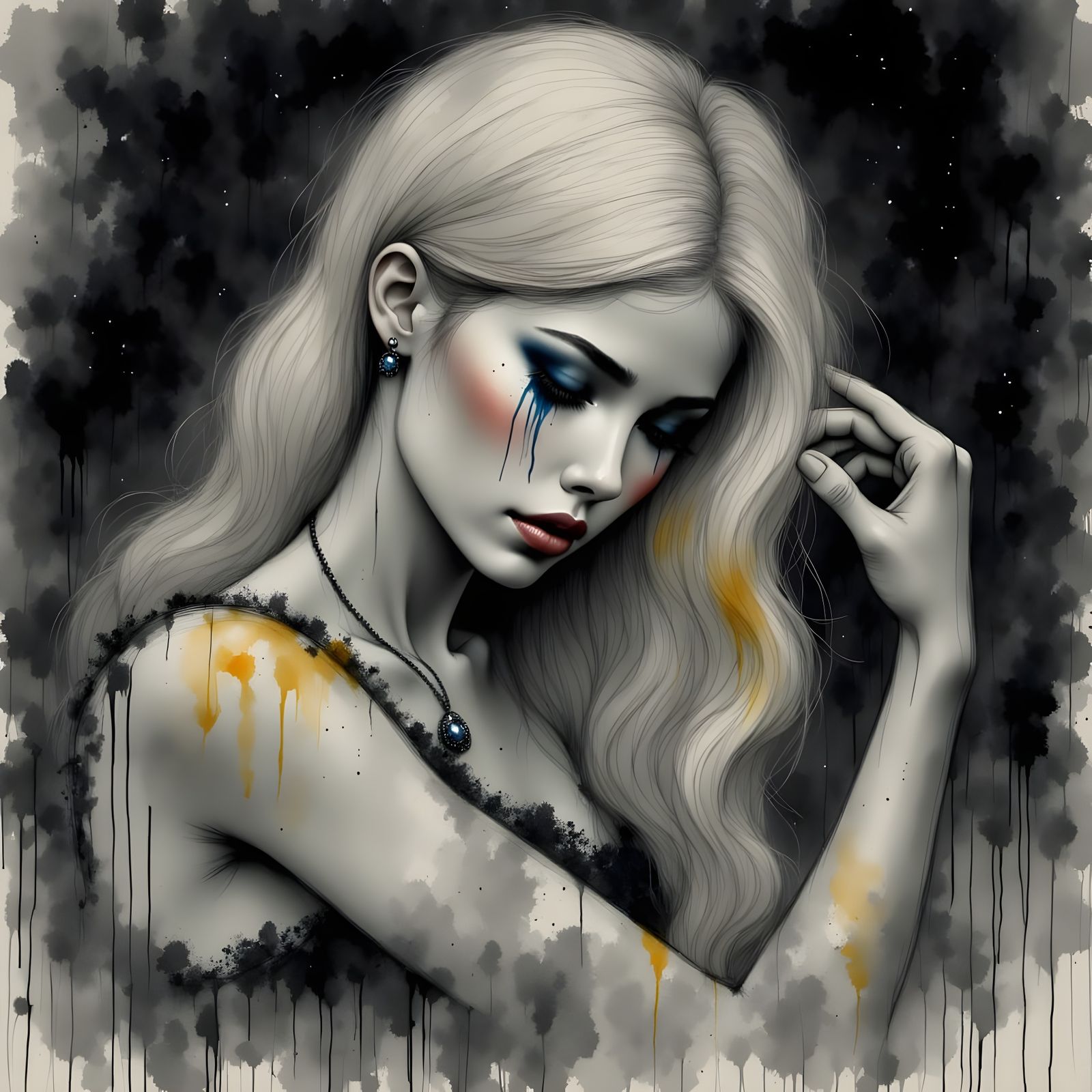 Monochrome Portrait of a Flaxen Norse Goddess in Sad Reflect...