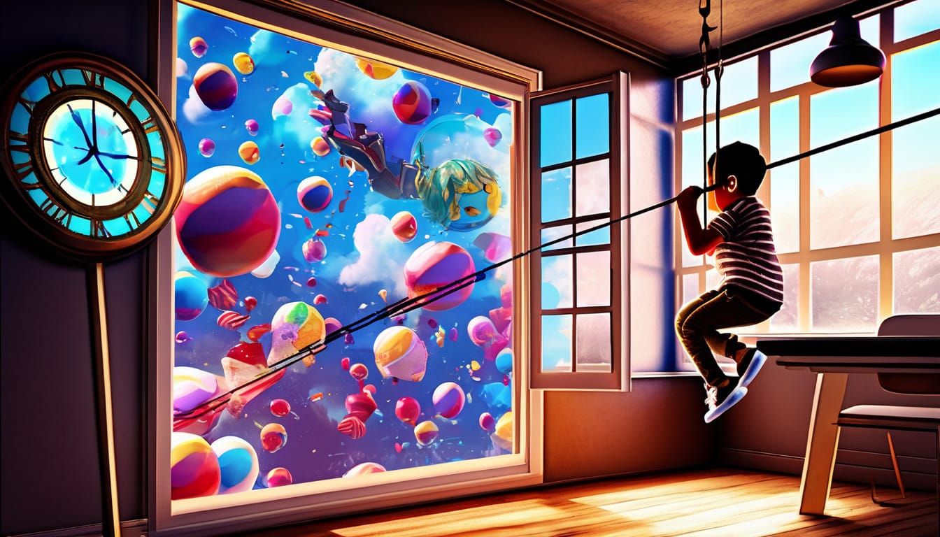 Child Zooms Through Realistic Window to Vibrant Candy World