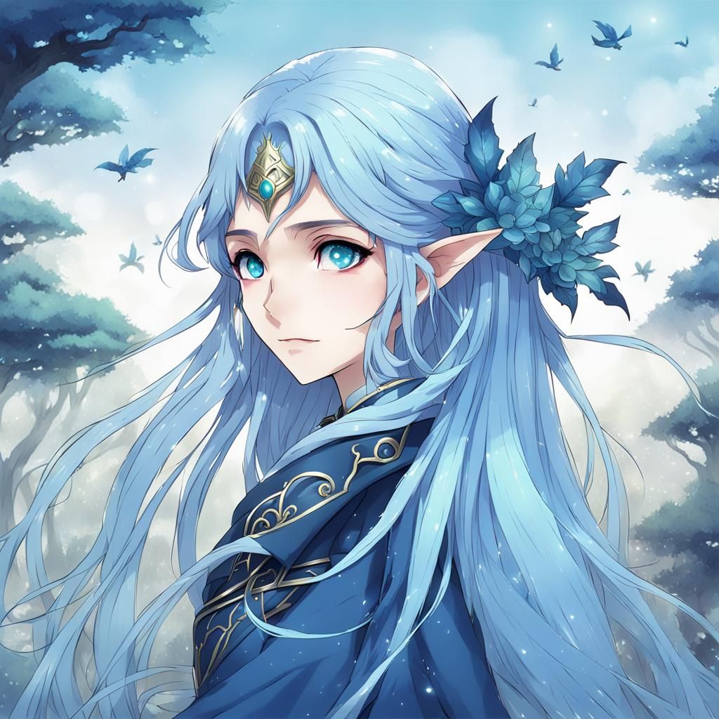 Anime Elf Woman with Long Blue Hair