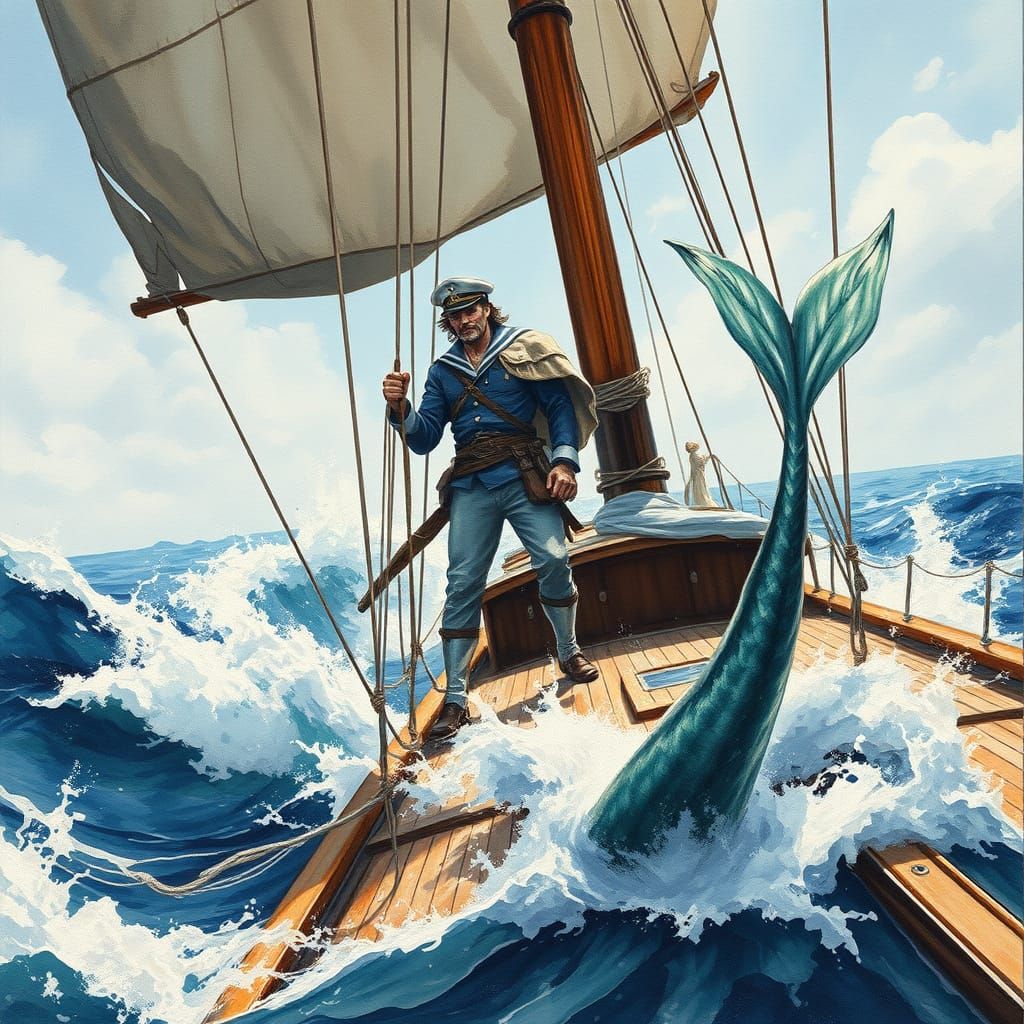 Ethereal Sailor Surrounded by Turbulent Waves in Impressioni...