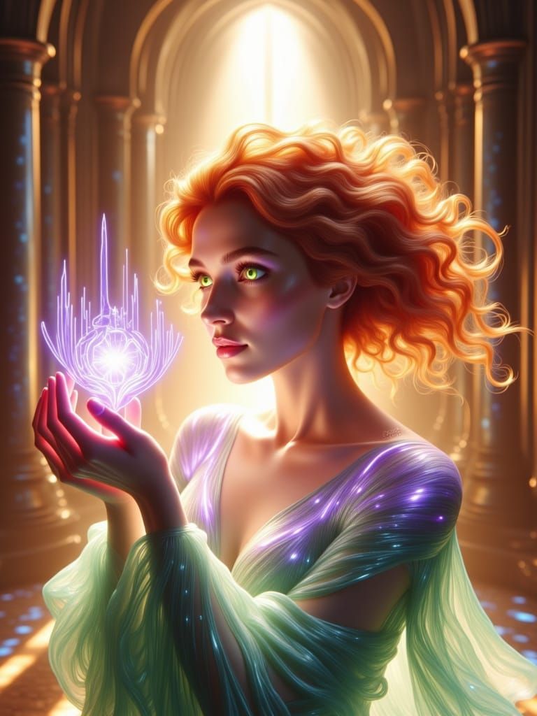 A red haired woman with long, curly hair cascading down her ...