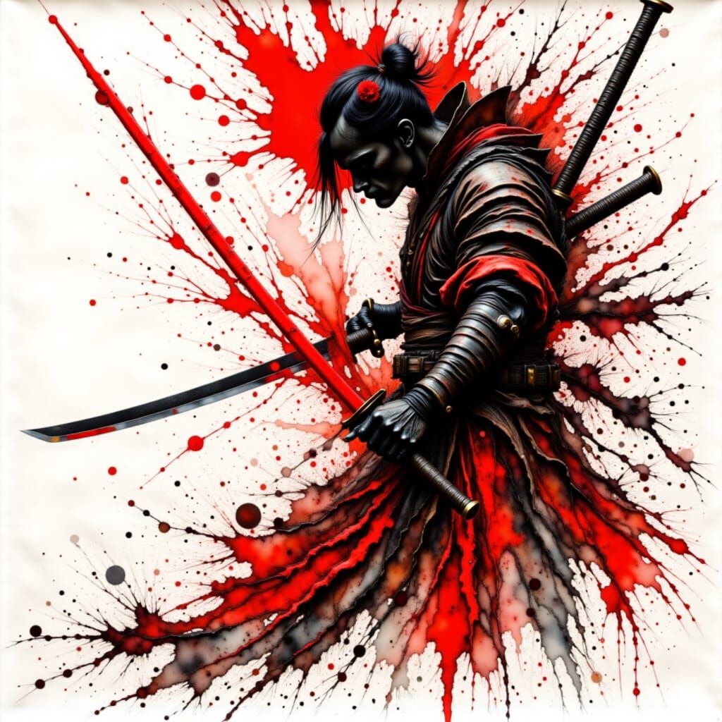 Fierce Geisha with Katana in Dynamic Ink Style