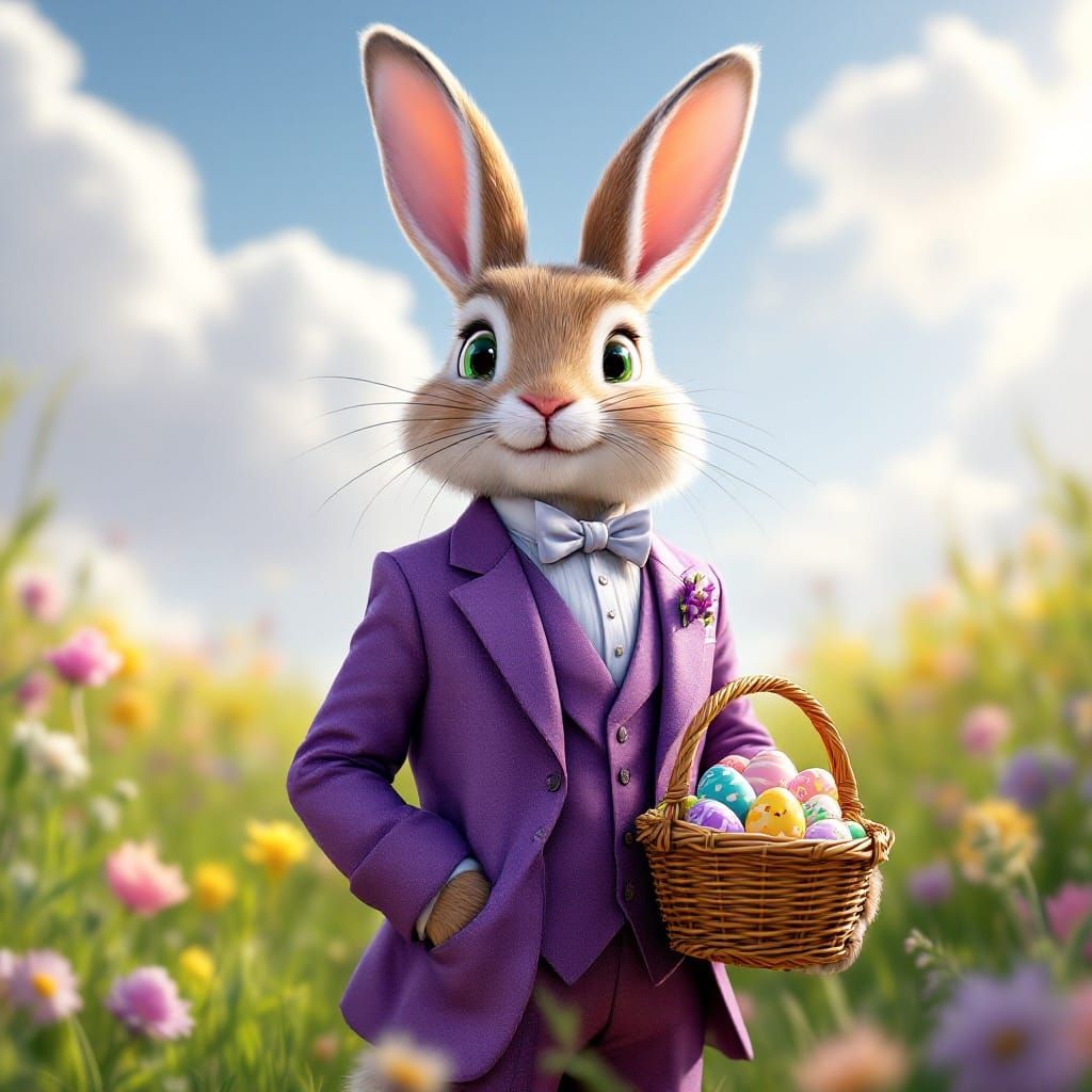 Whimsical Peter Cottontail in Lavish Purple Suit with Colore...