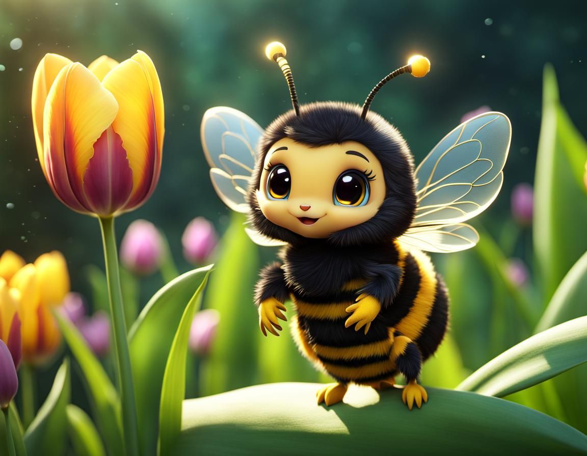 Chibi Bee in Tulip: Detailed Matte Painting