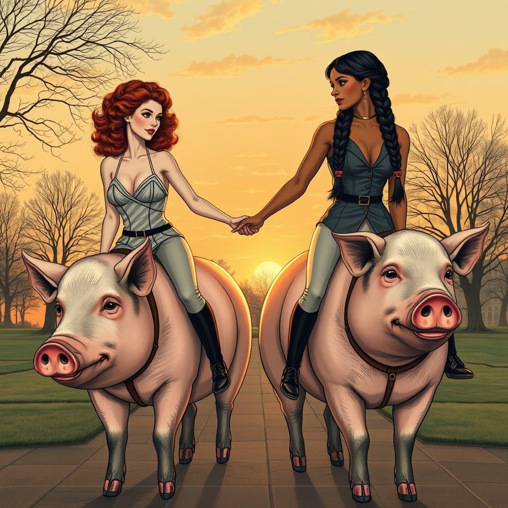 Ethereal Ladies Ride Majestic Swine in Sunset Splendor