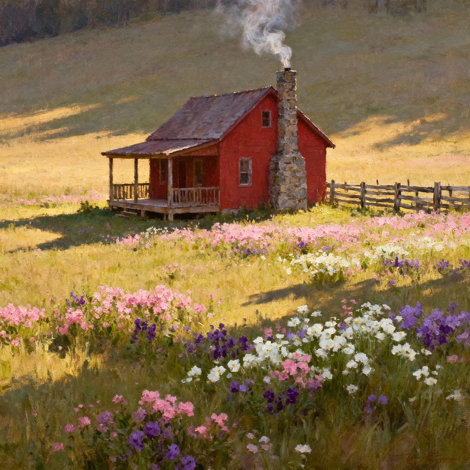 Old Fashion Painting of Farmhouse in Wildflower Field