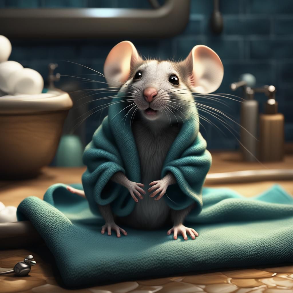 A mouse drying himself on a tiny towel in a bathroom