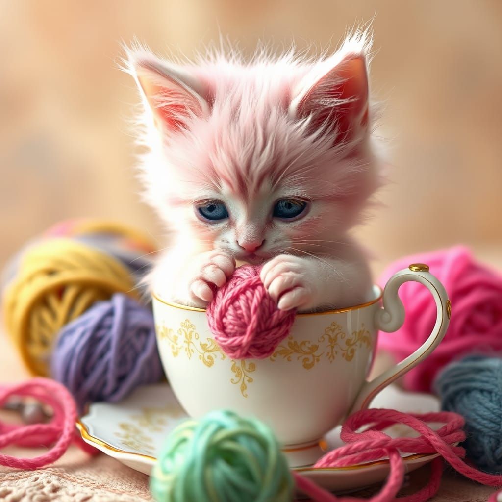 Pink Kitten's Teacup Adventure: A Pop Surrealist Vision