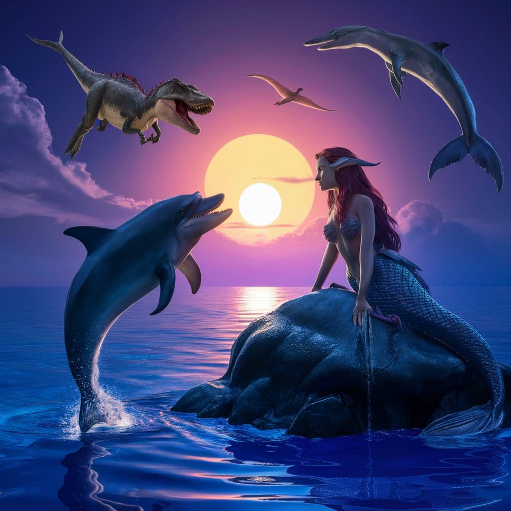 Mermaid, Dolphin, and Dinosaur Fantasy Sunset