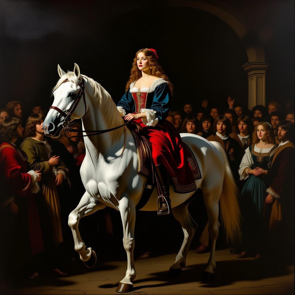 Lady Godiva Rides Through Crowd in Caravaggio Style Oil Pain...