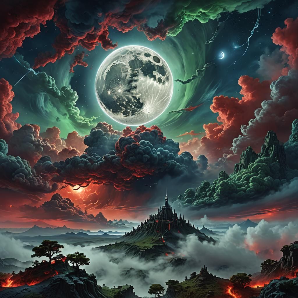 Epic Blue Moon with Fractal Clouds in High Fantasy Style