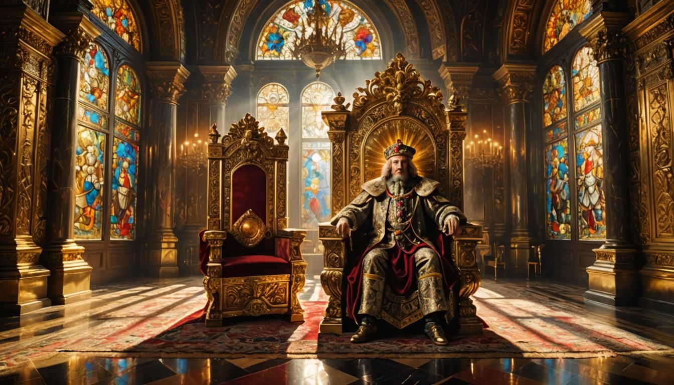 Regal Figure on Ornate Throne in Baroque Room