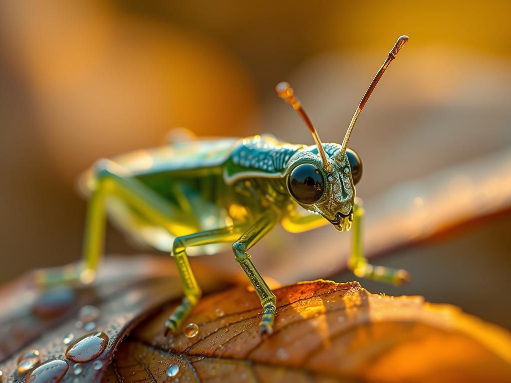 Glass Grasshopper on Autumn Leaves in Ethereal Light