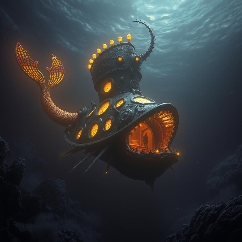 Nautilus Submarine in Dark Fantasy Ocean Depths