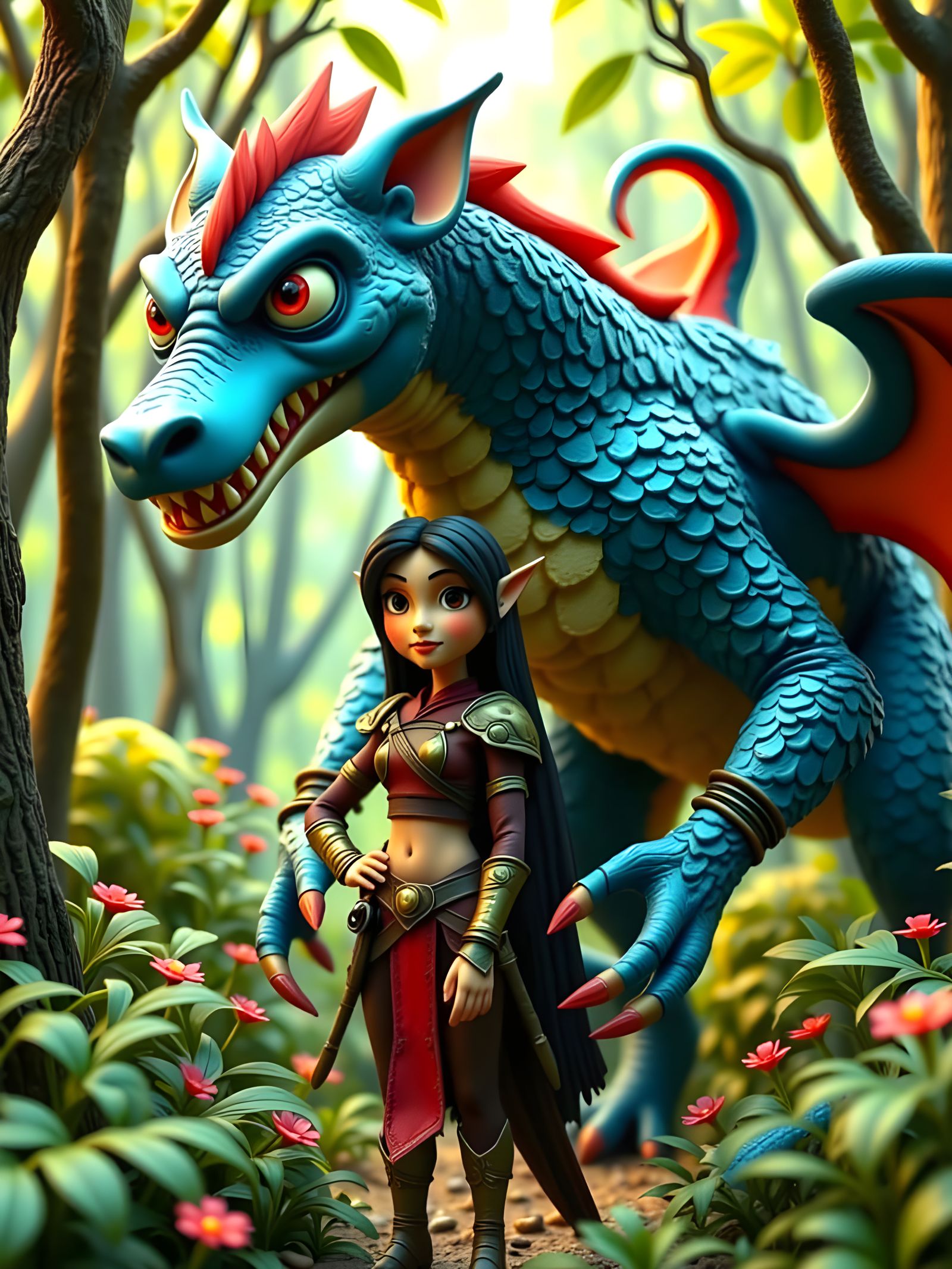 Warrior and Dragon in Claymation CGI Style